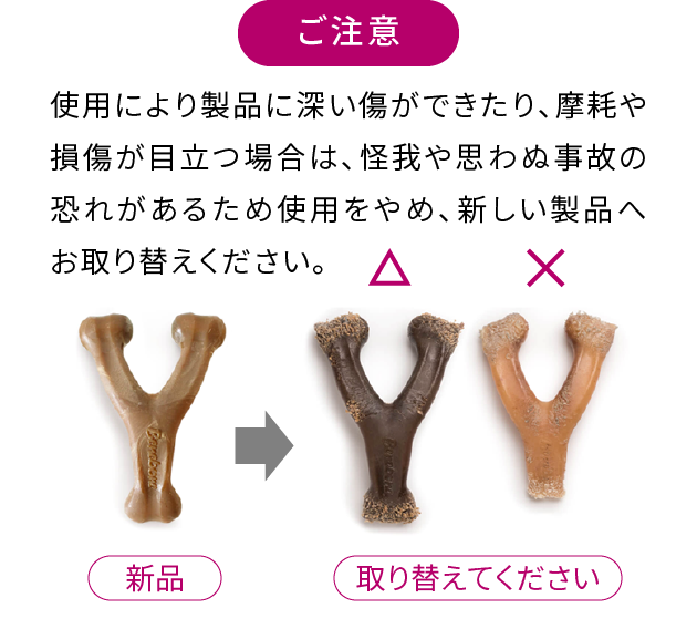 ご注意 使用により製品に深い傷ができたり、摩耗や損傷が目立つ場合は、怪我や思わぬ事故の恐れがあるため使用をやめ、新しい製品へお取り替えください。